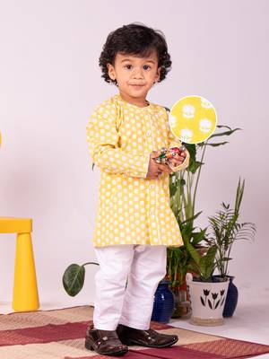 Infant Boys Yellow And White Cotton Kurta Pyjama Set 1