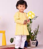 Infant Boys Yellow And White Cotton Kurta Pyjama Set