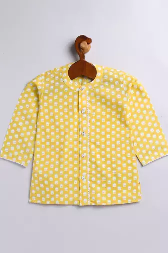 Infant Boys Yellow And White Cotton Kurta Pyjama Set