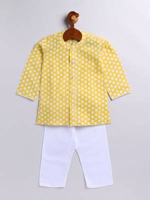 Infant Boys Yellow And White Cotton Kurta Pyjama Set 3