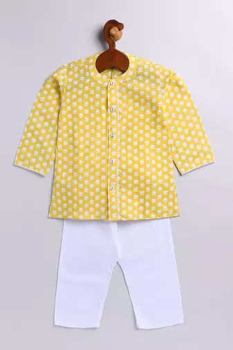 Infant Boys Yellow And White Cotton Kurta Pyjama Set