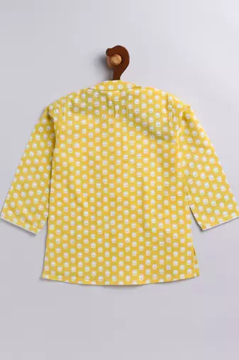 Infant Boys Yellow And White Cotton Kurta Pyjama Set