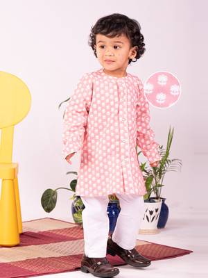 Infant Boys Pink And White Cotton Kurta Pyjama Set 1