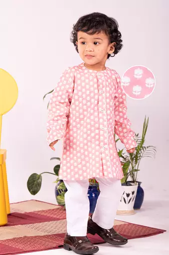 Infant Boys Pink And White Cotton Kurta Pyjama Set