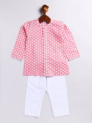 Infant Boys Pink And White Cotton Kurta Pyjama Set 2