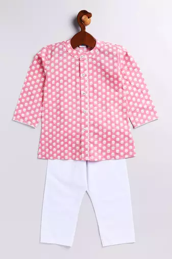 Infant Boys Pink And White Cotton Kurta Pyjama Set