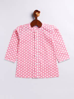 Infant Boys Pink And White Cotton Kurta Pyjama Set 3