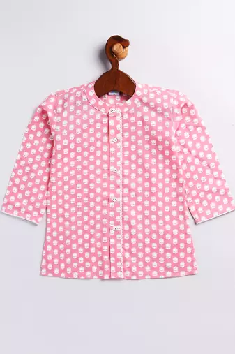 Infant Boys Pink And White Cotton Kurta Pyjama Set