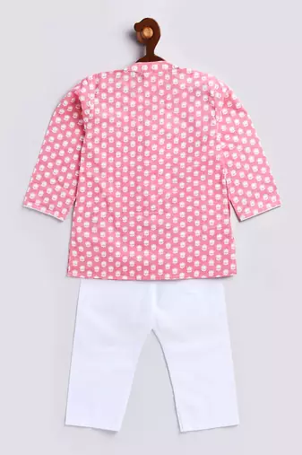 Infant Boys Pink And White Cotton Kurta Pyjama Set