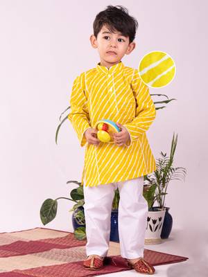 Infant  Yellow And White Cotton Kurta Pyjama Set 1