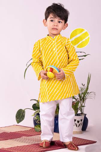 Infant Boys Yellow And White Cotton Kurta Pyjama Set