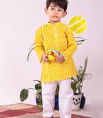 Infant  Yellow And White Cotton Kurta Pyjama Set