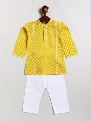 Infant  Yellow And White Cotton Kurta Pyjama Set 3