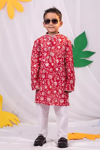 Boys' Red And White Kurta And Pyjama Set