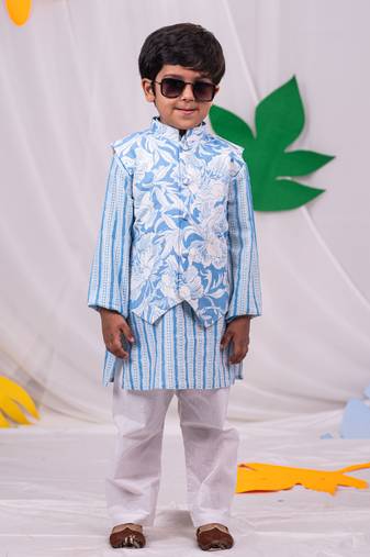 Boys' Blue Jacket, Kurta And Pyjama Set