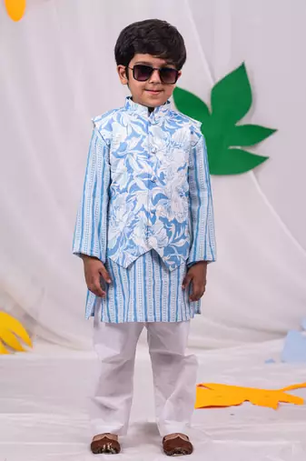 Boys' Blue Jacket, Kurta And Pyjama Set