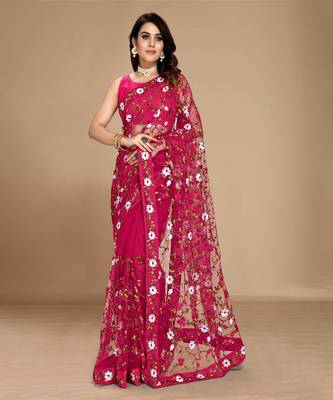 SOFT NET FLORAL EMBROIDERED SAREE WITH BLOUSE 1