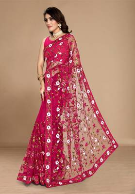 SOFT NET FLORAL EMBROIDERED SAREE WITH BLOUSE 2