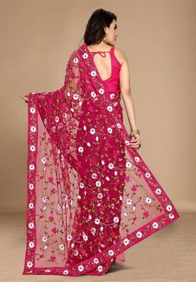 SOFT NET FLORAL EMBROIDERED SAREE WITH BLOUSE 3