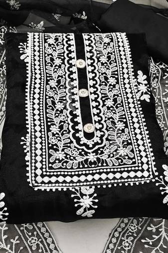 Black Embroidered Organza Dress Material