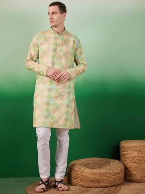 Cotton full sleeve regular fit embroidry green kurta for men 1
