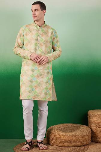 Cotton full sleeve regular fit embroidry green kurta for men