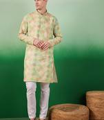 Cotton full sleeve regular fit embroidry green kurta for men