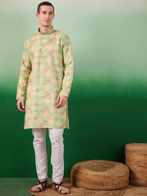 Cotton full sleeve regular fit embroidry green kurta for men 2