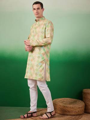 Cotton full sleeve regular fit embroidry green kurta for men 3