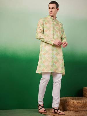 Cotton full sleeve regular fit embroidry green kurta for men 6