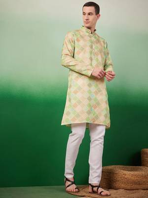 Cotton full sleeve regular fit embroidry green kurta for men 7