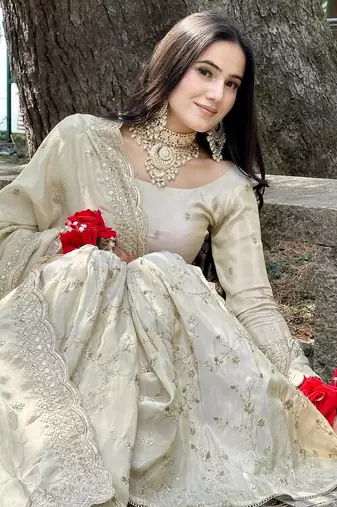 Cream Woven Pure Chinnon Silk Kurta with Gharara and Dupatta