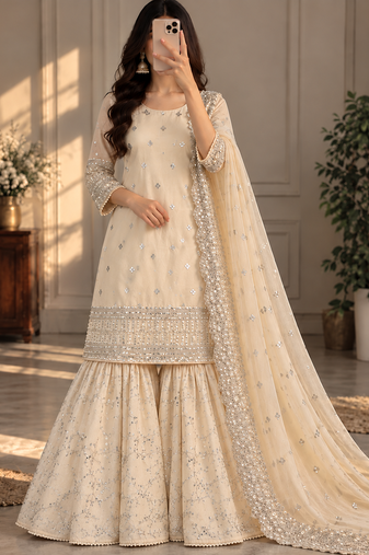 Cream Woven Pure Chinnon Silk Kurta Gharara Dupatta