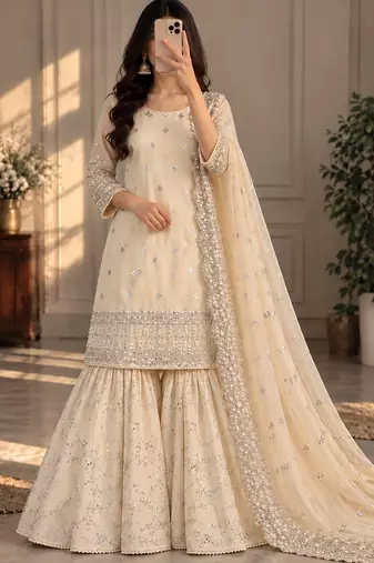 Cream Woven Pure Chinnon Silk Kurta Gharara Dupatta