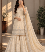 Cream Woven Pure Chinnon Silk Kurta Gharara Dupatta