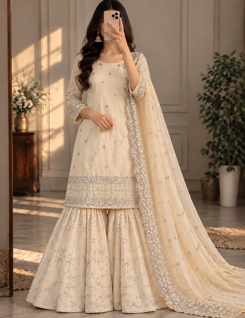 Cream Woven Pure Chinnon Silk Kurta Gharara Dupatta