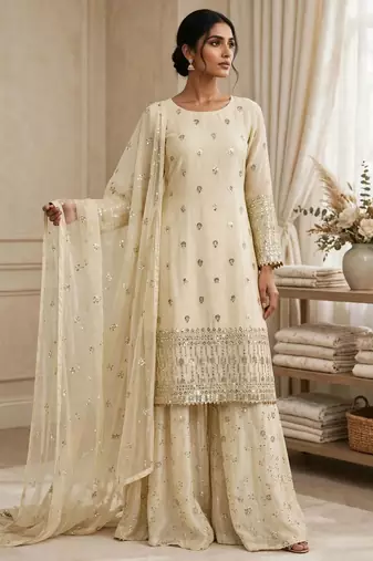 Cream Woven Pure Chinnon Silk Kurta Gharara Dupatta