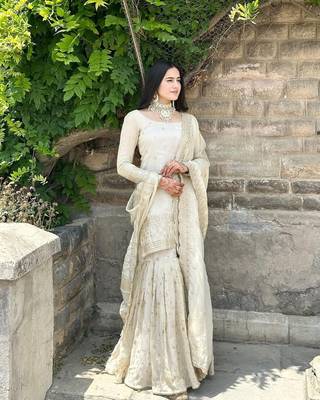 Cream Woven Pure Chinnon Silk Kurta with Gharara and Dupatta 3
