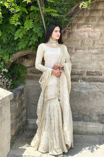 Cream Woven Pure Chinnon Silk Kurta Gharara Dupatta