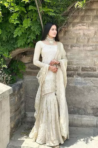Cream Woven Pure Chinnon Silk Kurta with Gharara and Dupatta