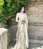 Cream Woven Pure Chinnon Silk Kurta Gharara Dupatta