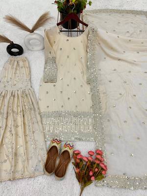 Cream Woven Pure Chinnon Silk Kurta with Gharara and Dupatta 4