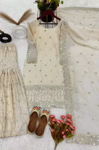 Cream Woven Pure Chinnon Silk Kurta with Gharara and Dupatta