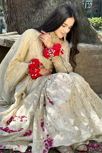 Cream Woven Pure Chinnon Silk Kurta with Gharara and Dupatta