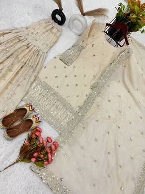 Cream Woven Pure Chinnon Silk Kurta with Gharara and Dupatta 6
