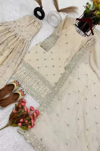 Cream Woven Pure Chinnon Silk Kurta with Gharara and Dupatta