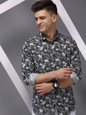 men's long sleeves floral navy blue shirt 1