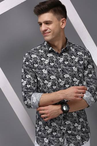 men's long sleeves floral navy blue shirt