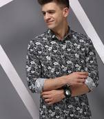 men's long sleeves floral navy blue shirt
