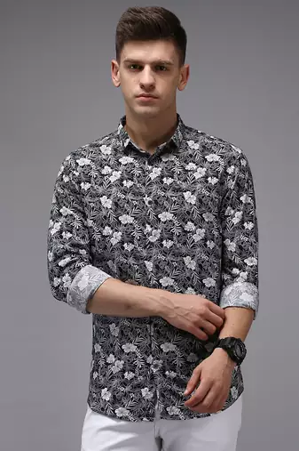 men's long sleeves floral navy blue shirt